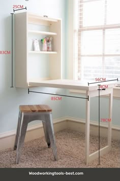 the height of a desk and chair is shown with measurements for each piece of furniture