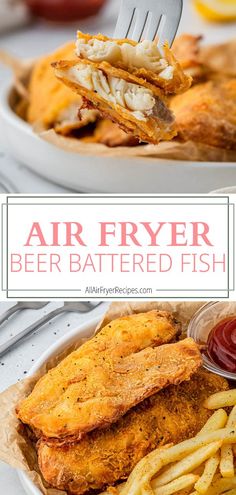 air fryer beer battered fish with fries and ketchup