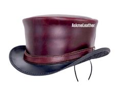 Leather Top Hat Leather Band Maroon Top Hat Handmade with 100% Cowhide Leather Gift for him New with Tags Description: * High-Quality Craftsmanship handmade * Real Leather * 100% pure leather **Those living in remote areas will have to pay $45 extra as shipping charges before the item is shipped. Sizing: Heads come in all sizes, and in a lots variety of shapes. Although high quality hats are adaptable, and will usually conform to differences in shape with a little wearing, it is essential that the size be correct for the head. To determine your hat size, measure the circumference around your head, keeping the tape level and firm, across the temples and above the eyebrow ridges. Check the size chart given below. For in-between measurements use the next size up. Hat Care: Any scratches or ma Leather Flat Brim Hat With Leather Lining, Brown Leather Hat Band With Sweatband, Classic Leather Hat With Flat Bill, Classic Leather Flat Bill Hat, Adjustable Leather Top Hat With High Crown, Brown Leather Top Hat With Curved Brim, Brown Leather Top Hat With Short Brim, Leather Hat With Flat Crown And Leather Sweatband, Vintage Leather Hat Bands For Flat Crown