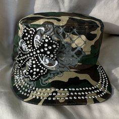 These Hats Are New From Mfg. Beautiful Bling And Stich Work. Each One Has An Adjustable Velcro Back. Color Is Camo Green. Trashy Y2k Accessories, 2000s Hats, Sailor Aesthetic, Purple Beret, Y2k Hats, Baby Pom Pom Hat, Brown Beret, Black Floppy Hat, Y2k Hat