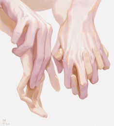 a painting of two hands holding each other with their fingers extended to show the thumbnails