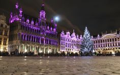 a large building with purple lights on it's sides and a christmas tree in the middle