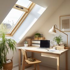 a desk with a laptop on it under a skylight