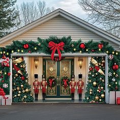 christmas decorations on the front door of a house with wreaths and nutcrackers