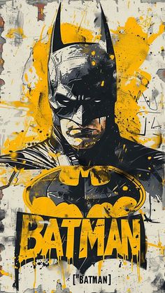 the batman movie poster is shown in black and yellow colors, with splattered paint on