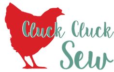 a red chicken standing next to the words, click click sew on it's side