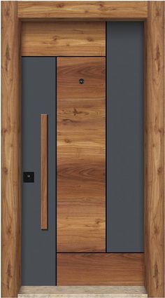 a wooden door with two glass panels and a handle on the bottom half of it