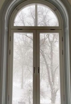 an arched window with frosted trees in the background and snow falling on the ground