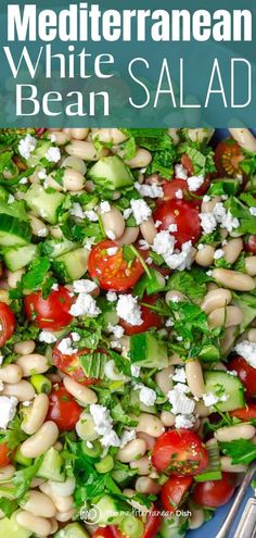 white bean salad with tomatoes, cucumber, and feta cheese on top