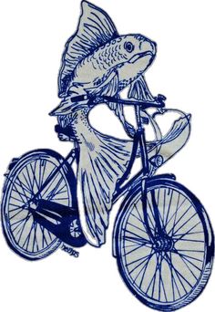 a drawing of a fish riding a bicycle