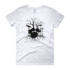 "\"Live the Beat to the Tempo of Creation\" - Drum Shirt / Drummer Shirt with tree art. (Black Version) A design for music lovers & drummers. This surreal drum artwork features the silhouette of a drum set with branches, roots, leaves, and flower embellishments. A t-shirt worthy of becoming a wardrobe essential. This classic women's tee is comfortable and flattering. A great shirt to wear to music concerts to show your love for the drummer or to wear to your next band practice!  A thoughtful and unique gift for drummers, percussionists, and music enthusiasts.  \"Live the Beat to the Tempo of Creation\" is from the \"Natural Rhythm, Musical Roots\" artwork series. Let the music flow naturally; an extension of Earth's expression.  Feel the world beat  and tap your feet  to the tempo of creat Music-themed Screen Print Shirt For Concert, Music-themed Band Logo Tops With Short Sleeves, Drum Major Mom Shirts Ideas, Drum Major Mom Shirts, Drum Necklace, Drummer Art, Short Sleeve Band Logo Shirt, Music-themed, Drumline Shirts, Music Flow