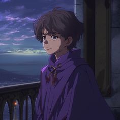 an anime character standing in front of a balcony overlooking the city at night with purple clouds