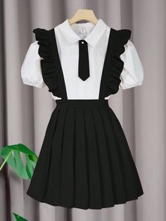 Tween Girl Shirt With Bow Tie And Suspender Skirt School Uniform Set, Korean Style Multicolor Casual    Colorblock,Plain  Non-Stretch  Tween Girls Clothing, size features are:Bust: ,Length: ,Sleeve Length: Korean Uniform School, Suspender Skirt, Slim Fit Top, White Long Sleeve Shirt, Girl Shirt, Elegant Dresses Long, Book Decor, Kids Beachwear, Girls Clothing