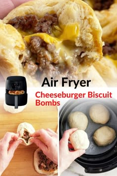 an air fryer and cheeseburger biscuits being made into buns