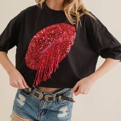 Cropped Sequin Embellished Football Tee Nwt Cropped Tees, Fringe Tshirt, Football Tee, First Down, Crop T Shirt, Football Tees, Cropped Tee, Jeans Size Chart, Tall Women