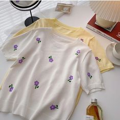 Purple Flower O-Neck Knitted Shirt Purple Crew Neck Top With Floral Embroidery, Purple Floral Embroidered Crew Neck Top, Yellow Crew Neck Top With Floral Embroidery, Cute Floral Embroidery Crew Neck Tops, Daisy Sweater, Knitted Shirt, Designer Dresses Casual, Knit Short, Short Sleeve Sweater