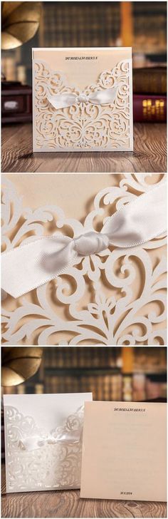 wedding cards with white ribbon and lace on them, are shown in three different views