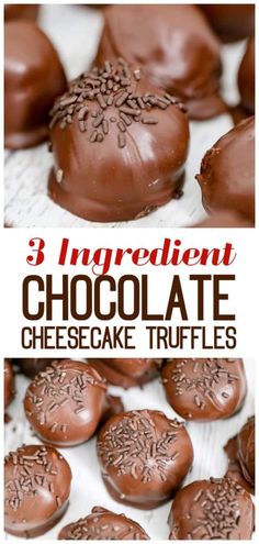 three ingredient chocolate cheesecake truffles on a white plate with text overlay