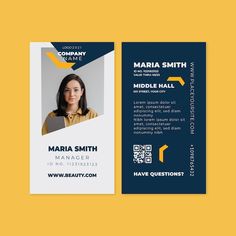 a blue and yellow business card with an image of a woman on the front side