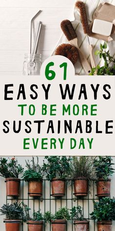 a bunch of potted plants with the words 61 easy ways to be more suitable every day