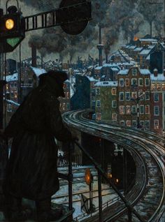 a painting of a man standing on a train track looking out at the city below