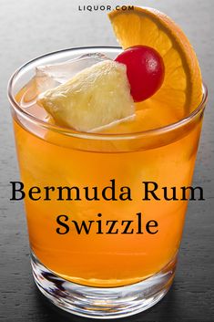 an orange drink in a glass with a cherry on the top and text that reads, bernmuda rum swizzle