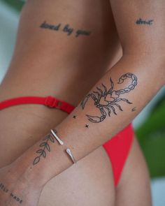 Angel Holding Skull Tattoo, Womens Word Tattoos, Scorpion Arm Tattoo, Sternum Tattoo Unique, Patchwork Arm Tattoos For Women, Women Calf Tattoo Ideas, Scorpio Tattoos For Women, Women Arm Tattoo Ideas, 5x5 Tattoo Ideas