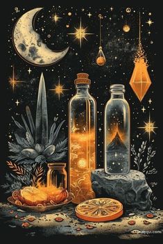 an image of some bottles and oranges on the ground with stars in the sky