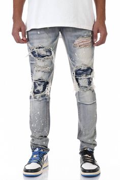 Find KDNK Patched Ripped Jeans In Vintage Medium on Editorialist. 5-pocket jeans in washed stretch denim. Zippered fly. Signature back pocket darts. Rips at knees and thigh with patches inside. Paint splatter details. Tapered Skinny. Stretch denim. 98% Cotton / 2% Spandex. Blue Cotton Jeans With Zip Fly, Stretch Ripped Washed Blue Jeans, Blue Denim Jeans With Zip Fly, Urban Distressed Denim Jeans, Medium Wash Denim Pants With Zipper Closure, Denim Medium Wash Pants With Zipper Closure, Faded Denim Bottoms With Zip Fly, Urban Style Washed Denim Jeans, Fitted Denim Jeans With Zipper Closure