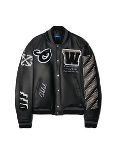 Shop black leather appliqué logo signature Diag-stripe print signature Arrows motif striped border logo print at the chest logo patch at the sleeve logo print to the side ribbed band collar front press-stud fastening ribbed cuffs and hem two diagonal pockets to the sides Black Varsity Jacket, Leather Varsity Jackets, White Moon, Letterman Jacket, White Coat, Leather Sleeve, Iconic Women, Versace Jeans, Black Leather Jacket