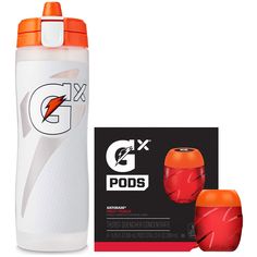 a white and orange water bottle next to an orange cup with the words gx pods on it