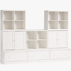 Create the perfect storage solution for your child's play, sleep and study spaces. The Cameron Collection has clean, simple lines and can easily grow with your child, from nursery to big-kid room. This set includes both open and closed components for maximum versatility. Add personalized storage containers to the cubbies and bases so kids know where everything goes at the end of the day. HOW IT'S CONSTRUCTED Expertly crafted from solid sap gum wood and MDF (medium density fiberboard). All wood i Kids Room Storage Solutions, Cubby Wall, Big Kids Room, Storage Kids Room, Playroom Storage, Cubby Storage, Simply White, Wall Systems, Wall Storage