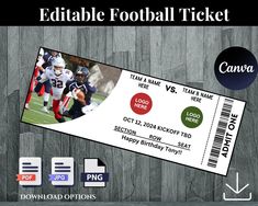 a football ticket with an image of a player on it and the text editable football ticket