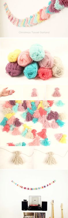 yarn balls and tassels are being used to make garlands for christmas tree decorations