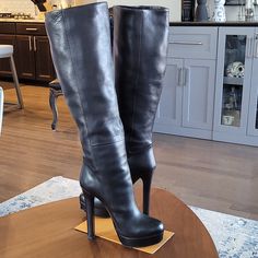 Gucci Tall Leather Knee Boots. 1 Inch Platform And 4 In Heel (Wears Like 3 Inch Heel). In Excellent Condition, Barely Worn. Look At Detailed Pictures. Pull On Style. Size 36.5, True To Size. Includes Dust Bag. Platform Leather Boots, Gucci Platform, Leather Knee Boots, Shoes Gucci, High Heel Mules, Heel Mules, 3 Inch Heels, Detailed Pictures, Gucci Shoes