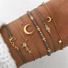 Stars Jewelry, Moon Bracelet, Gold Chain With Pendant, Tassel Bracelet, Gold Bead Bracelets, Star Bracelet