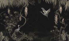 an image of a wallpaper with birds and plants in the night time scene that is very dark