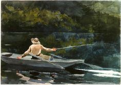 a painting of a man in a boat fishing