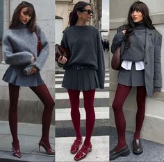 Burgundy Outfit Winter 2024, Loafer Skirt Outfit, Burgundy And Grey Outfits, Red Loafers Outfit Women, Outfit Bordeaux, Burgundy Tights Outfit, Burgundy Skirt Outfit, Bordeaux Outfit