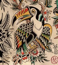 an artistic tattoo design with colorful birds and flowers