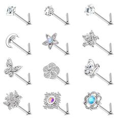 PRICES MAY VARY. 【CUTE NOSE RING SET】: Including 12 pcs different designs women's nose rings Screw/ L-shaped, sparkled star nose rings, moon nose rings, flower nose rings, butterfly nose rings, and snowflake nose rings. Available in gold, silver, and rose gold. 【MATERIAL AND SIZE】: Our nose ring are made of stainless steel, nickel-free, lead-free, safe and durable. Inlaid with high gloss AAA+ CZ.Nose studs Gauge:20G(0.8mm), wearable bar length: 7mm(0.28"), Common size for most people to wear. 【C Butterfly Nose Piercing, Rings Moon, Rings Butterfly, Cute Nose Rings, Snowflake Flower, Rings Flower, Nose Piercing Stud, Star Snowflake, Nose Studs