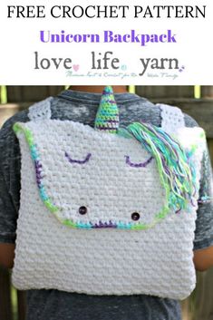 a crocheted unicorn backpack with the text, free crochet pattern