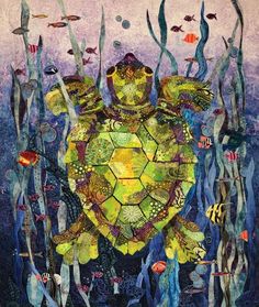 a painting of a turtle surrounded by fish