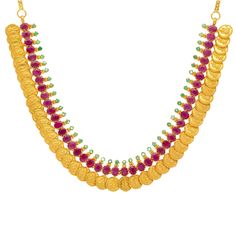 Combine color and style with this festive 22K gold Lakshmi Kasu Mala necklace and earrings set from Virani Jewelers! Crafted with Virani’s signature 22K gold Embellished with precious rubies and emeralds Designed with a hook-in-eye closure Set includes necklace and earrings Whether you’re attending a festive party or you simply want to add a little more color to your look, you can’t go wrong with this gorgeous 22K gold Lakshmi Kasu Mala necklace and earrings set from Virani Jewelers! This exquis Kasu Necklace, Kasu Mala, 22k Gold Necklace, Gold Bead Necklace, Gold Necklace Set, Necklace And Earrings Set, Mala Necklace, A Hook, 22k Gold