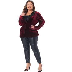 Elegant Design: This velvet blazer exudes sophistication and style with its vintage-inspired look, sparkling contrast notched lapel, and button details. Pair it with jeans and a simple t-shirt for a fashionable outfit that can be worn to work, lunch dates, or casual outings. Perfect for wearing to formal events, parties, or date nights, this blazer is sure to turn heads and make you feel confident and stylish. Plus-Size Fit: Designed with a comfortable and flattering plus-size fit, this blazer i Fall Blazer With Suit Collar For Night Out, Elegant Velvet Blazer For Night Out, Winter Velvet Blazer For Night Out, Elegant Winter Blazer For Date Night, Elegant Single-breasted Blazer For Date Night, Notch Lapel Blazer For Fall Parties, Glamorous Notch Lapel Blazer For Fall, Holiday Semi-formal Long Sleeve Blazer, Chic Velvet Blazer For Night Out