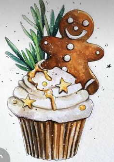 a drawing of a cupcake with a ginger on top