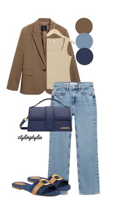 Blue and brown outfit colour combination Blue Handbag Outfit Ideas, Katrina Core, Blue Handbag Outfit, Blue And Brown Outfit, Brown Blazer Outfit, Blazers Outfits, Blue Skirt Outfits, Jeans Pants Outfit, Blazer Outfit Ideas