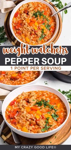 two white bowls filled with soup on top of a wooden cutting board and text overlay reads, weight watchers'pepper soup 1 point per serving