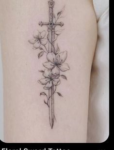 Side Tattoos Women Simple, Knife Spine Tattoos For Women, Sward Flower Tattoo, Acotar Dagger Tattoo, Dagger And Flower Tattoo, Dagger With Flowers Tattoo, Dagger Flower Tattoo, Dagger Spine Tattoo