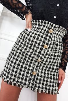 Black Button Decor Tweed Plaid Fringe Hem Skirt Fitted Tweed Skirt With Buttons, Tweed Skirt With Button Closure For Workwear, Chic Tweed Skirt With Button Closure, Spring Black Tweed Bottoms, Daily Dresses, Button Decor, Work Pattern, Skirt With Buttons, Spaghetti Strap Maxi Dress